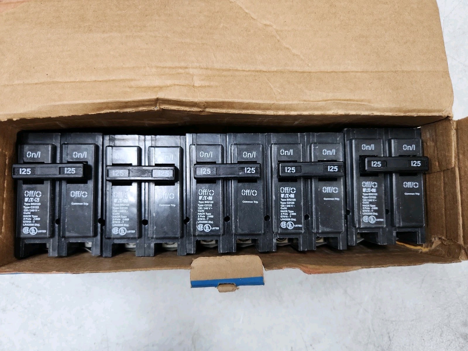 Lot of 5 Eaton BR2125 Interchangeable 2 Pole Circuit Breaker