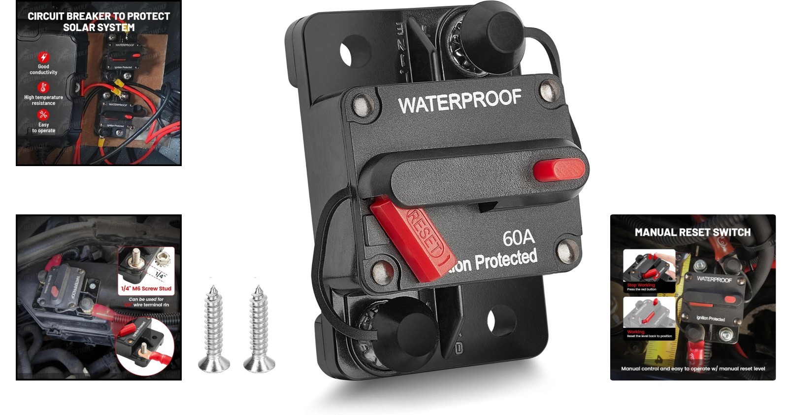 60Amp Waterproof Circuit Breaker with Manual Reset for Boats & ATVs – DC 12V-48V