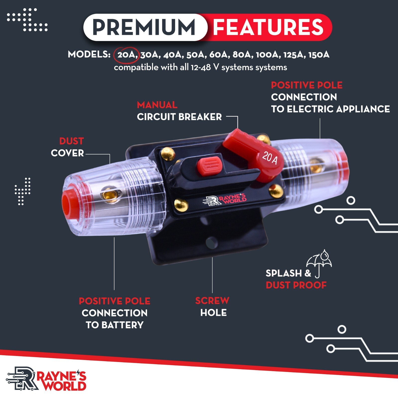 20 Amp Inline Waterproof Circuit Breaker Auto/Marine/Solar Manual Reset 12V-48V