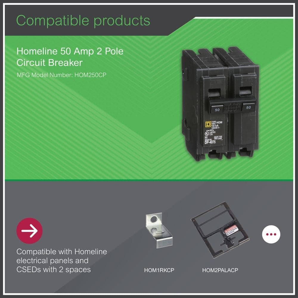 Circuit Breaker Square D 50 Amp 2 Pole Homeline Standard Trip Residential Black