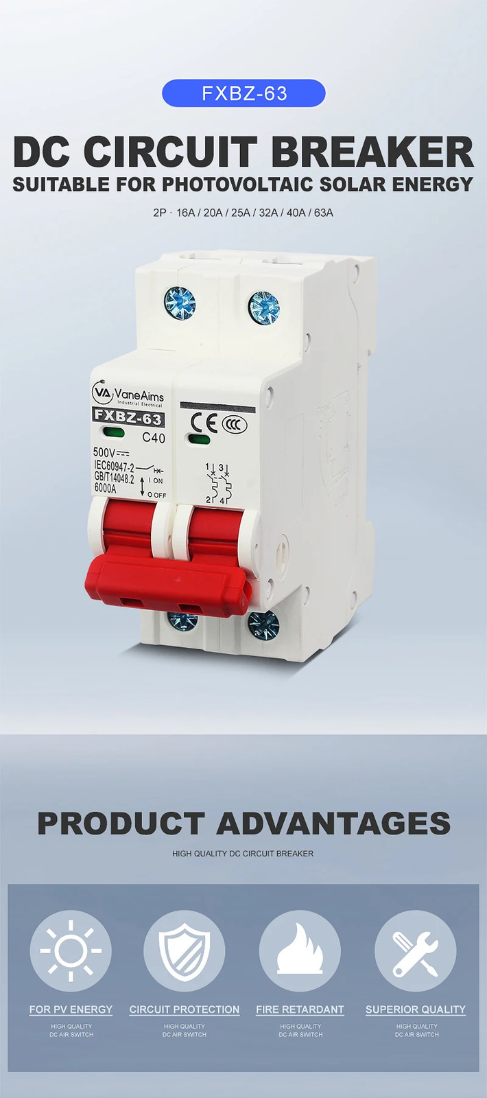 Circuit Breaker MCB DC 500V 2P Overload Protection Switch 6A-63A Panel Control
