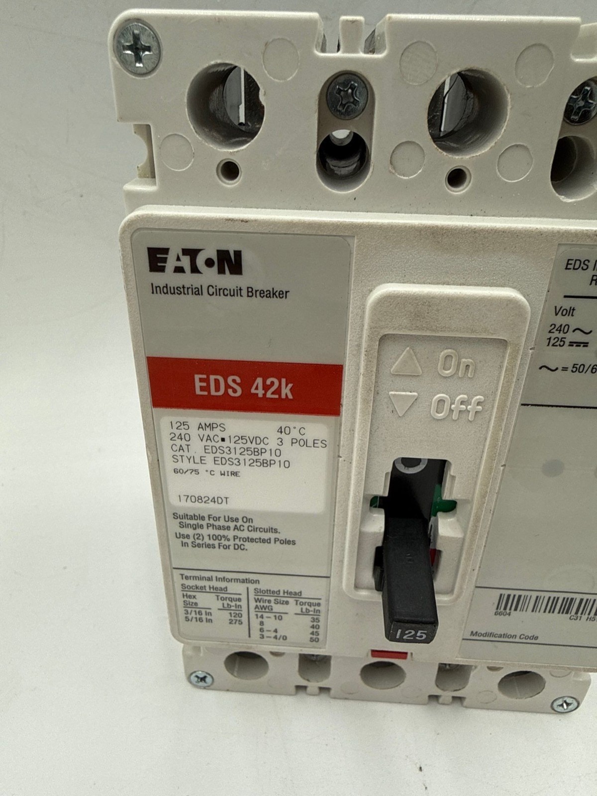 Eaton EDS3125BP10 Circuit Breaker 125A 3P 240V 3PH EDS 42k 125 Amp 3 Pole