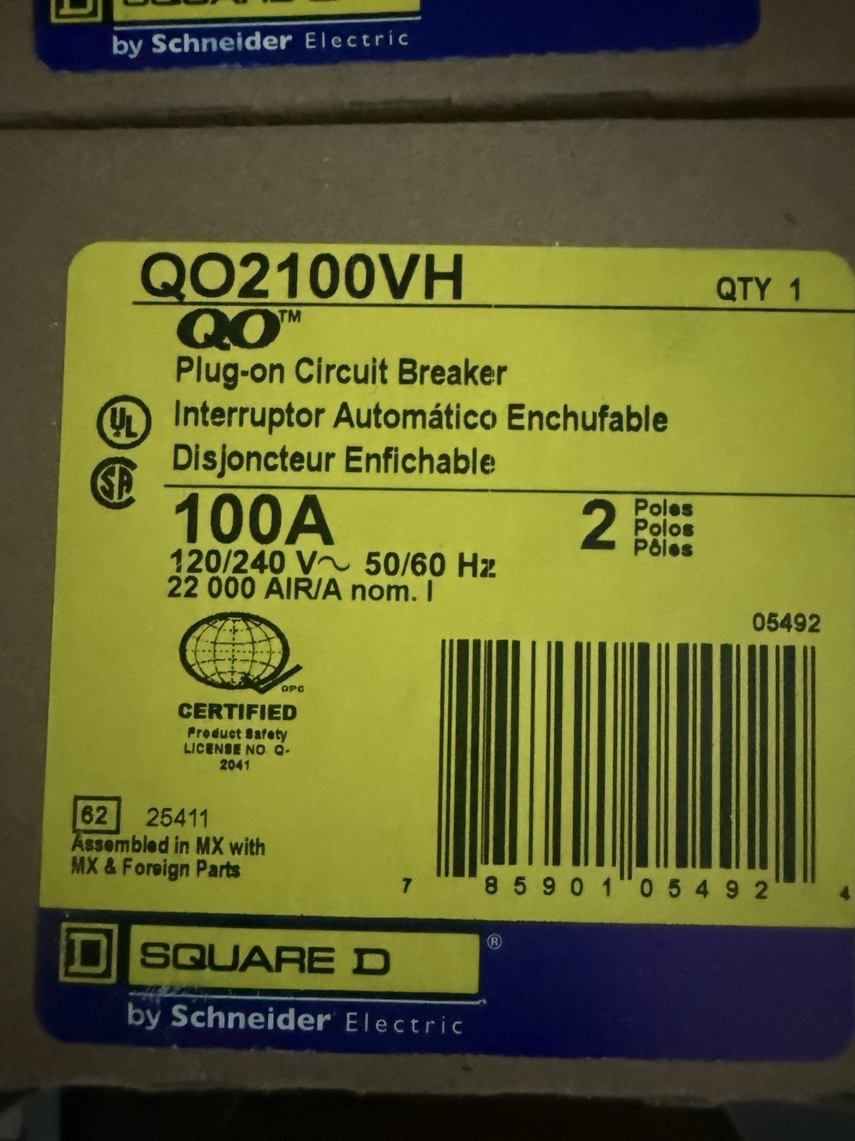 NEW Square D QO2100VH Plug on 2 POLE 100 AMP Circuit Breaker