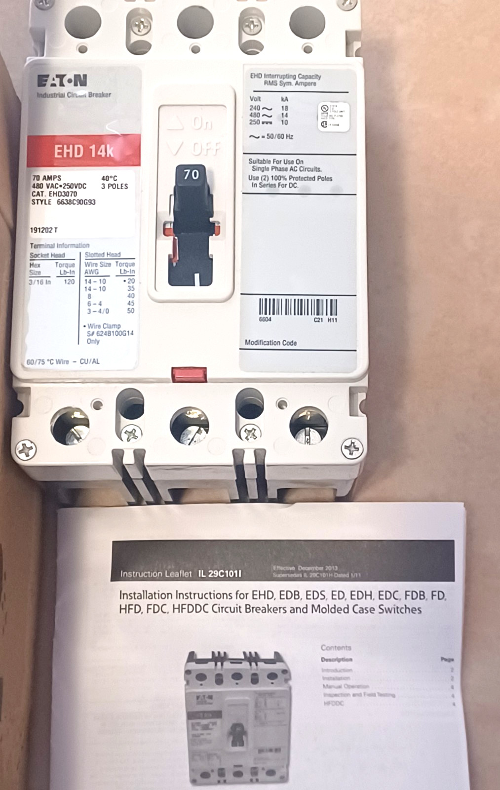 Cutler Hammer Eaton EHD3070 3 Pole 70 Amp 480Vac Circuit Breaker