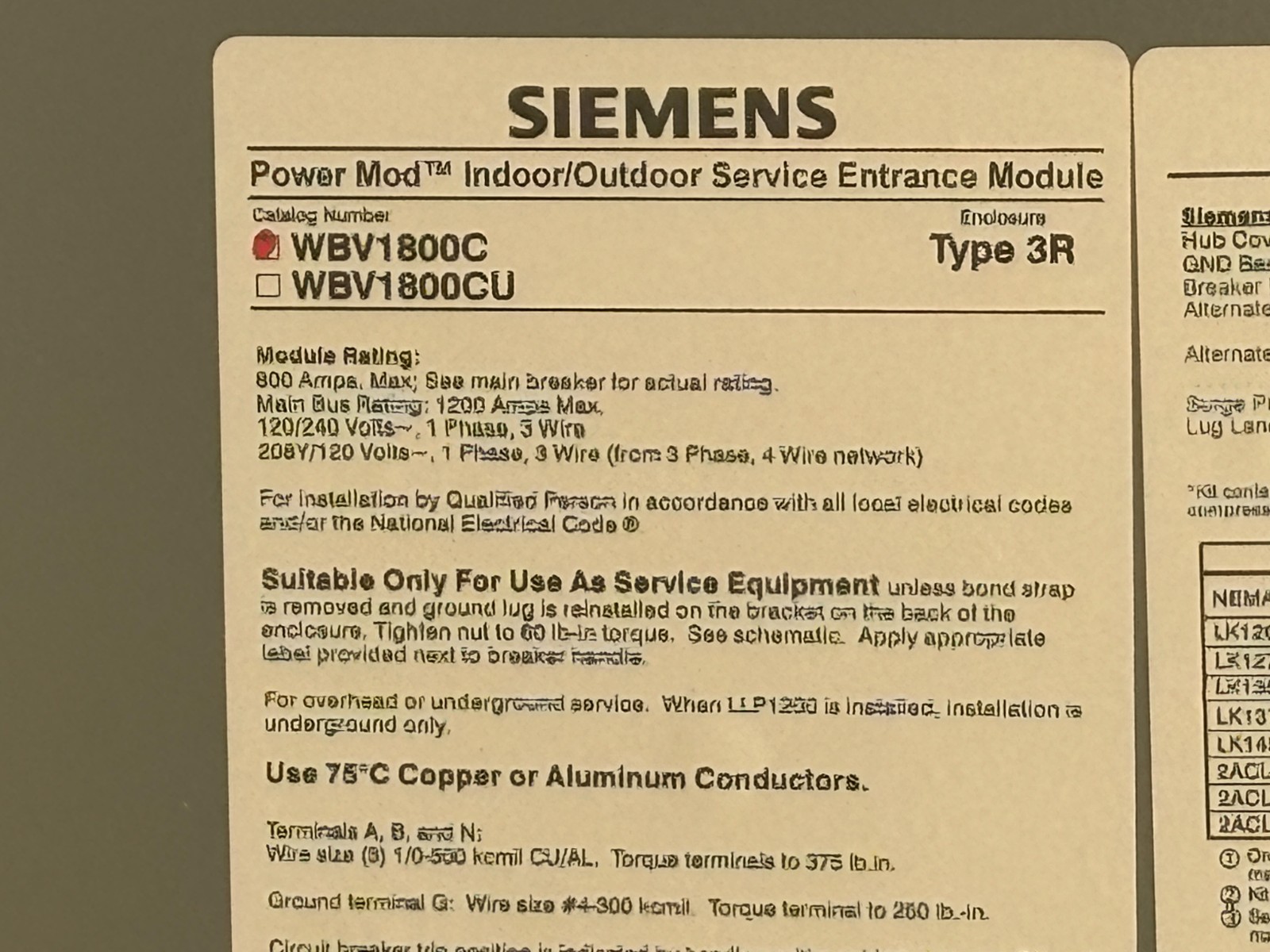 SIEMENS WBV1800C 800A Power Mod Service Entrance Module WB1800C Single Phase