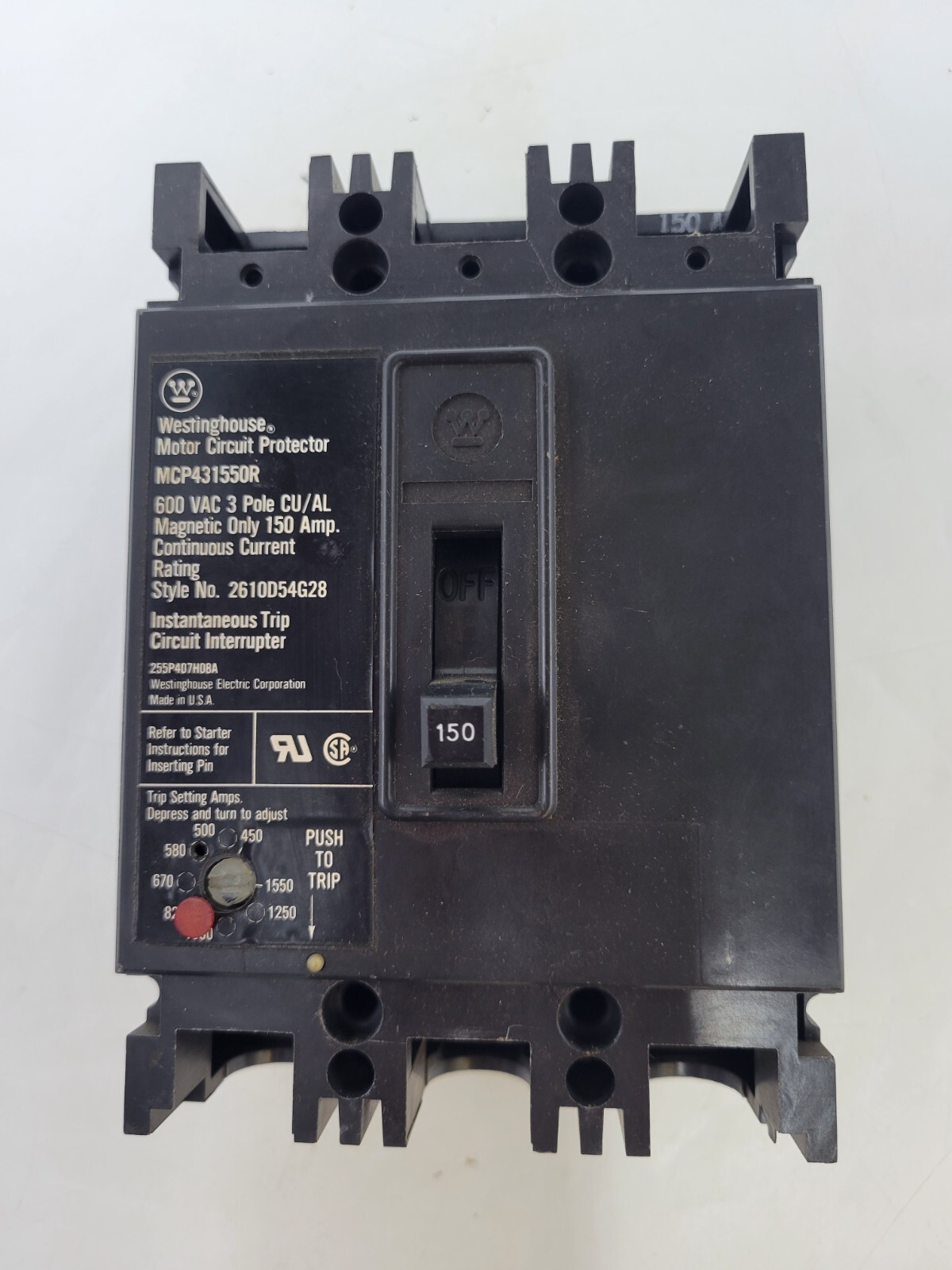 Westinghouse MCP431550R Bolt-On Motor Circuit Protector 150A 600VAC 3P 3PH MCP