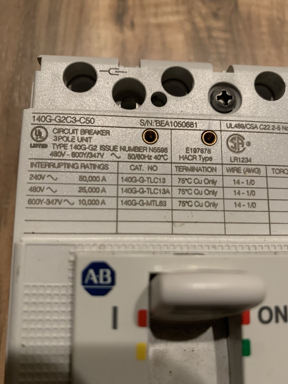 A / B 140G-G2C3-C50 CIRCUIT BREAKER SER. A 140GG2C3C50 NEW NO BOX