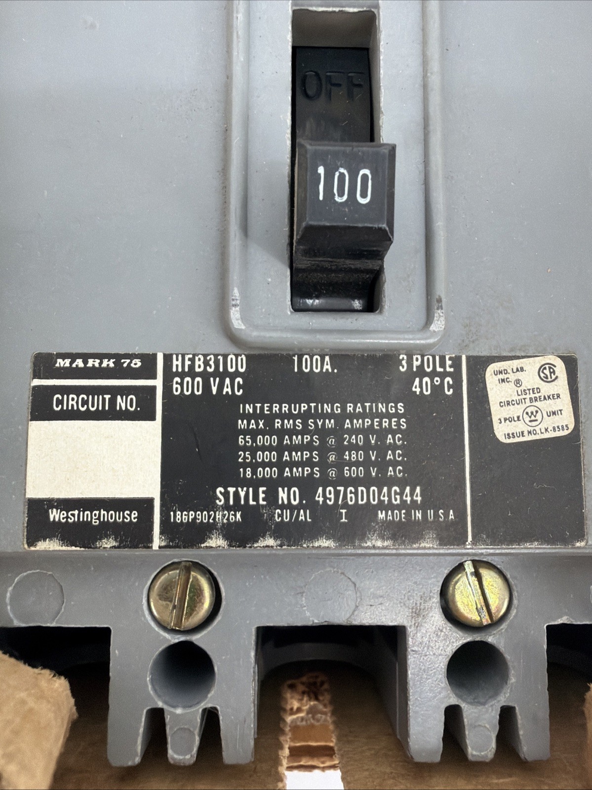 Westinghouse HFB3100 Circuit Breaker, 600V, 100A, 3 Pole, 3 Phase, Made In USA