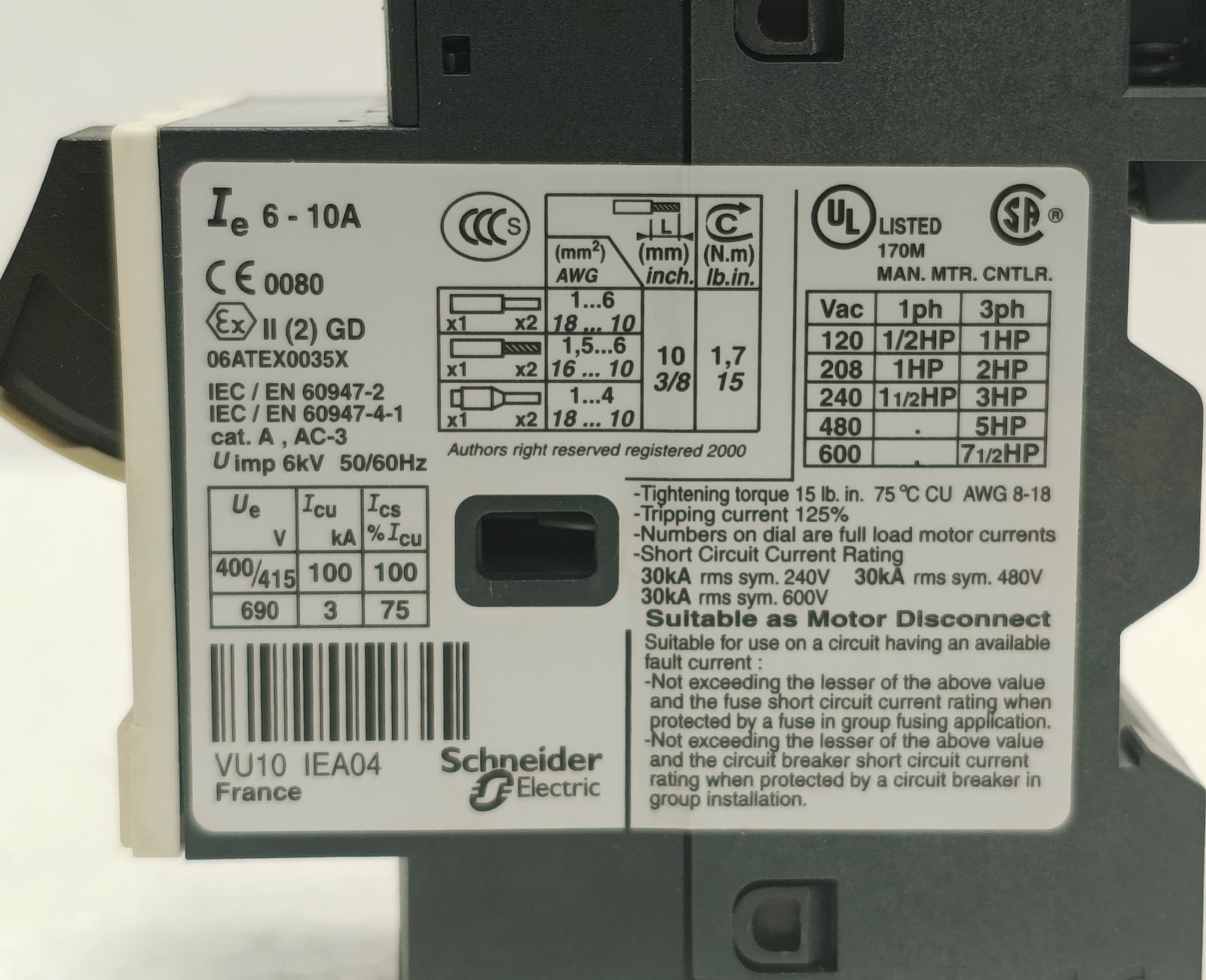 TELEMECANIQUE GV2ME14 6-10A Motor Circuit Breaker TeSys Manual Starter NEW