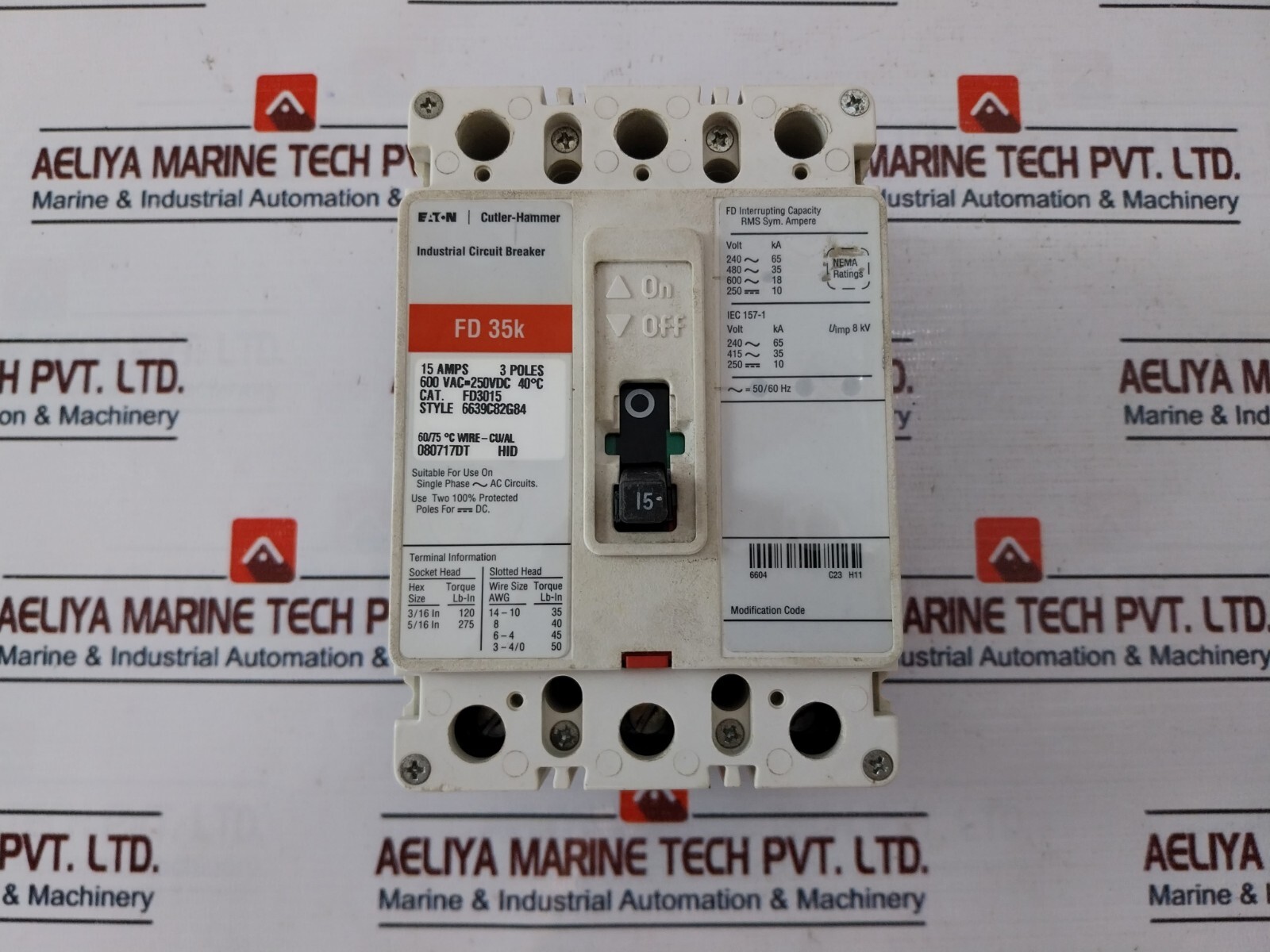 Eaton FD3015 3 Pole Circuit Breaker 15 Amps 600Vac