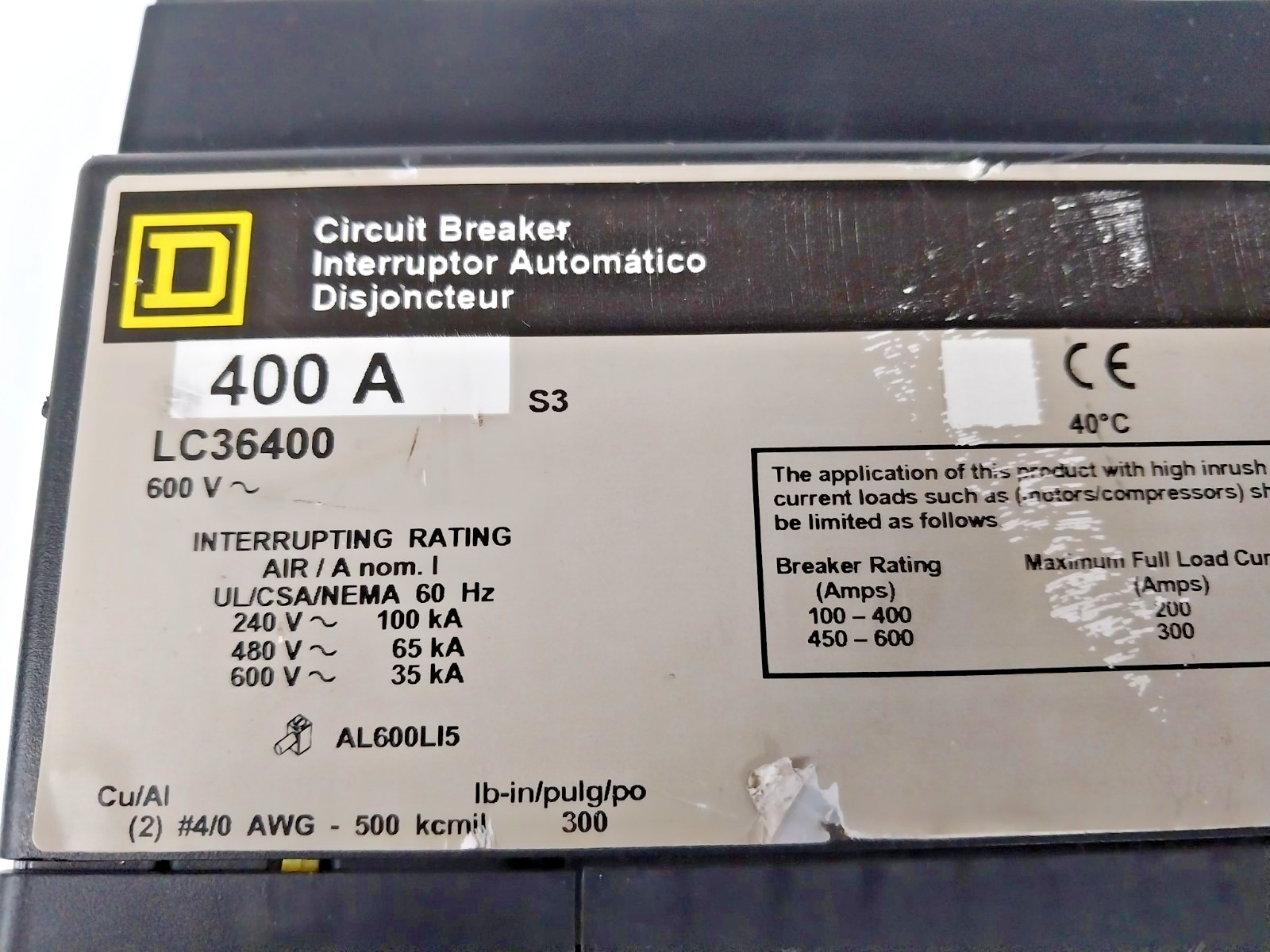 Square D 400 Amp I-Line Circuit Breaker 600 VAC 3 Pole LC36400