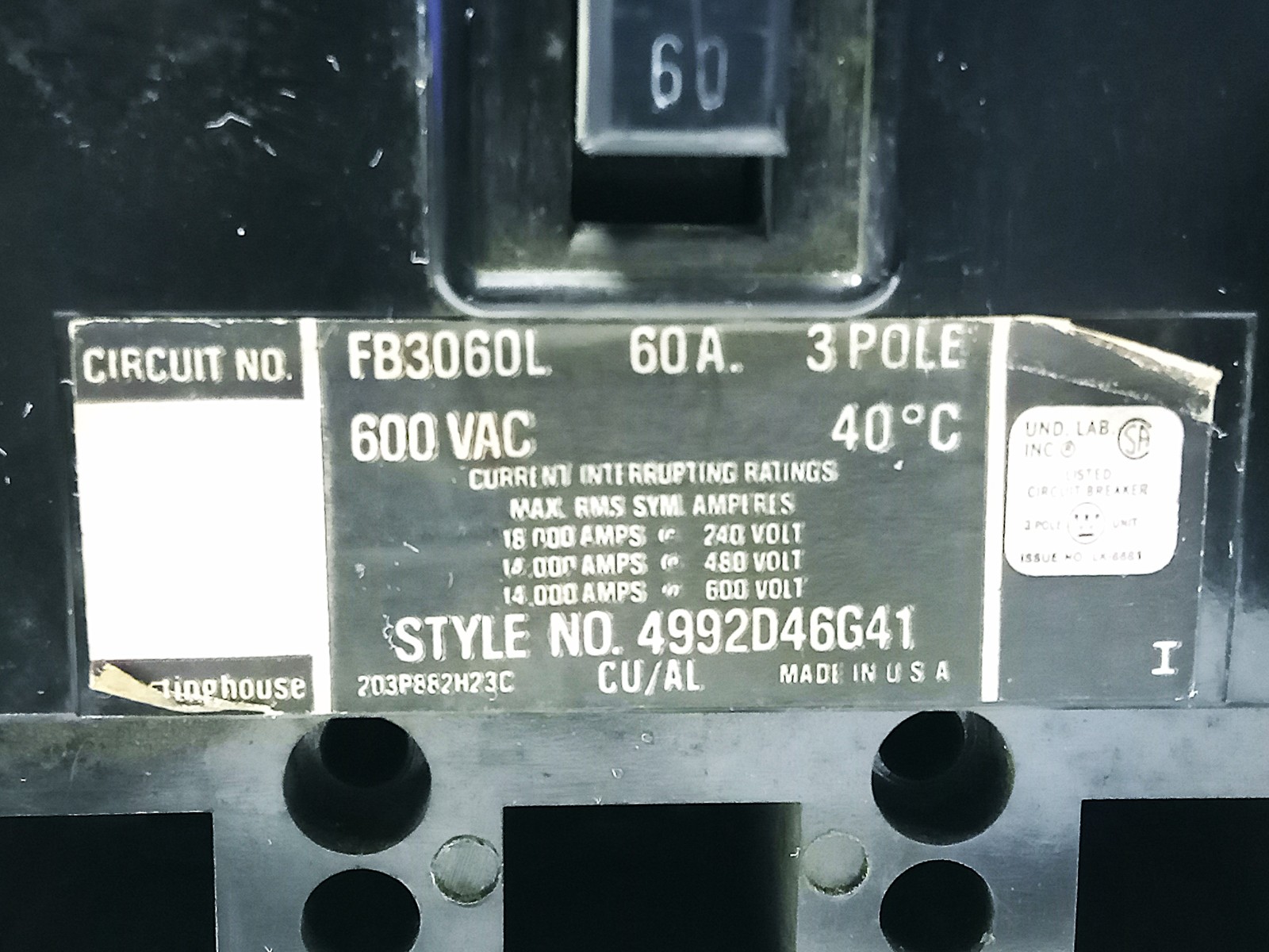 Westinghouse FB3060L 600 V AC 60 A 3-Pole Circuit Breaker