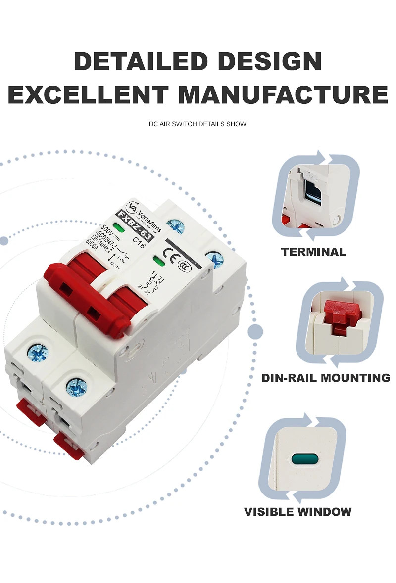 Circuit Breaker MCB DC 500V 2P Overload Protection Switch 6A-63A Panel Control