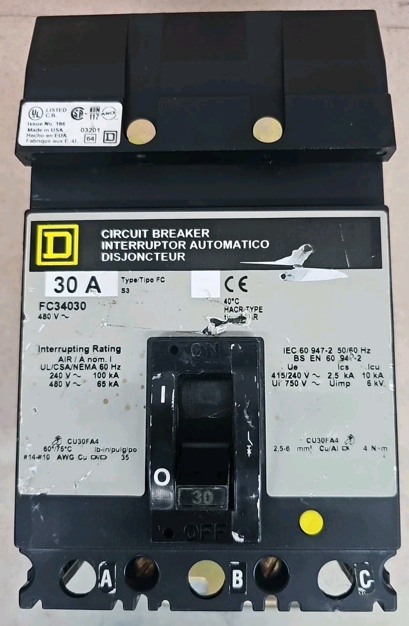 Square D I-Line Circuit Breaker FC34030 3-Pole 30A 480VAC