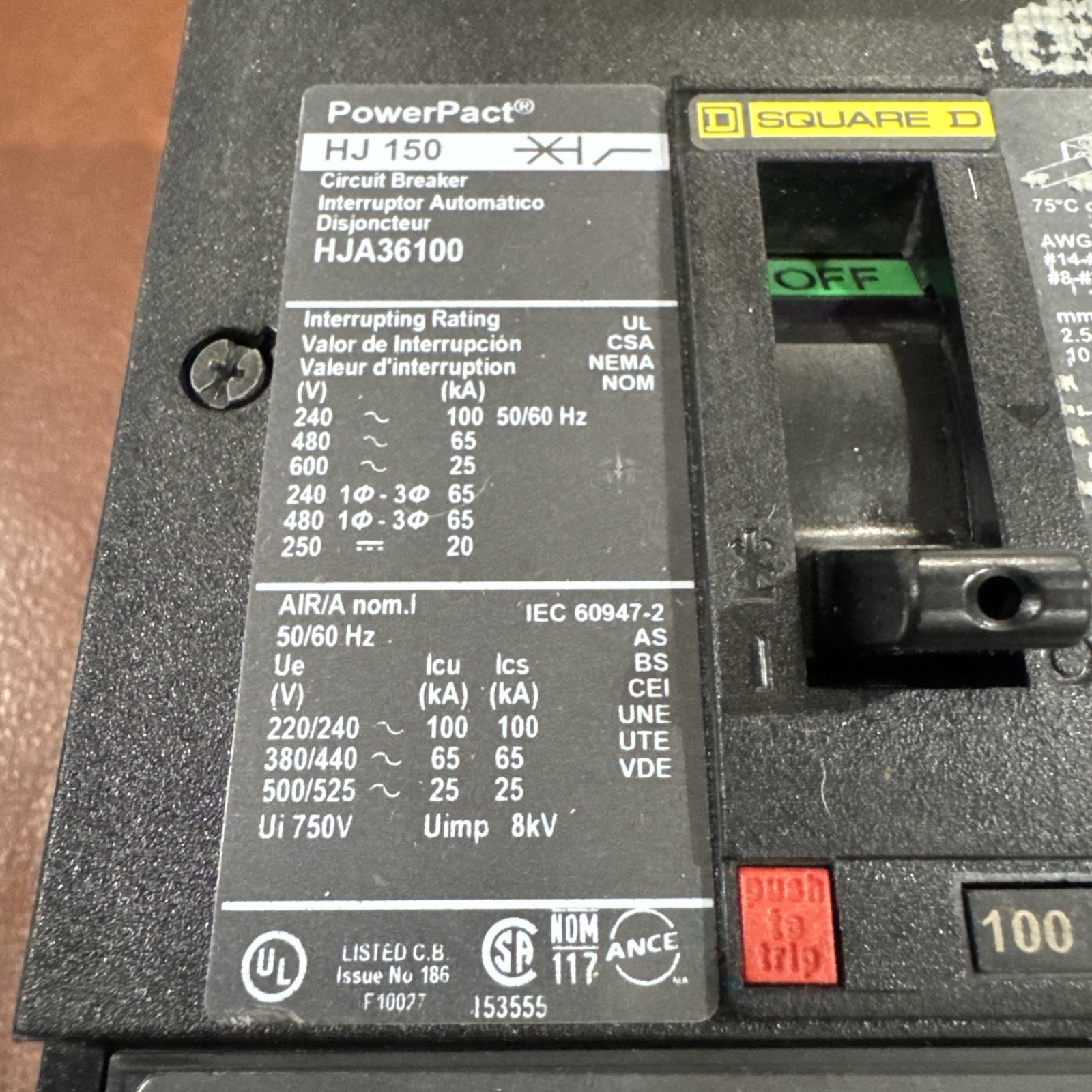 Square D HJA36100 100 Amp 3 Pole PowerPact HL 150 I Line Circuit Breaker 100A 3P