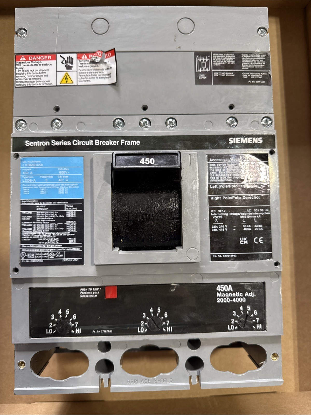 Siemens Circuit Breaker, LXD63B450 (450 Amp; 600 VAC; 3 Pole) – Warranty