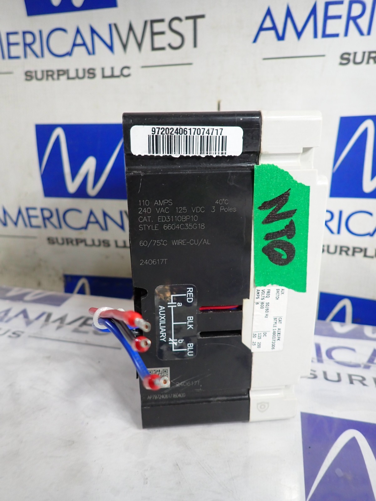 New Take Out Eaton ED3110 3p 110 amp 65kA 240v Breaker Red Label w/ A1X1PK Aux