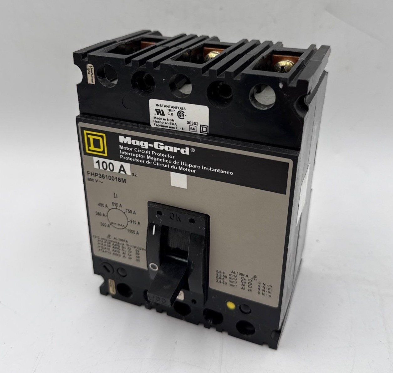Square D FHP3610018M Motor Circuit Protector Breaker 100A 600V 3P 100 Amp 3 Pole