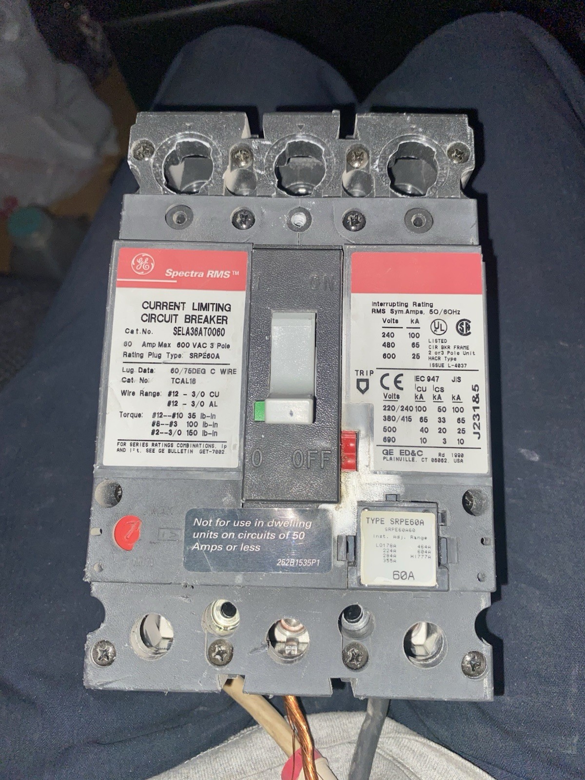 GE Spectra RMS Current Limiting Circuit Breaker 60A 3-Pole 600V SELA36AT0060