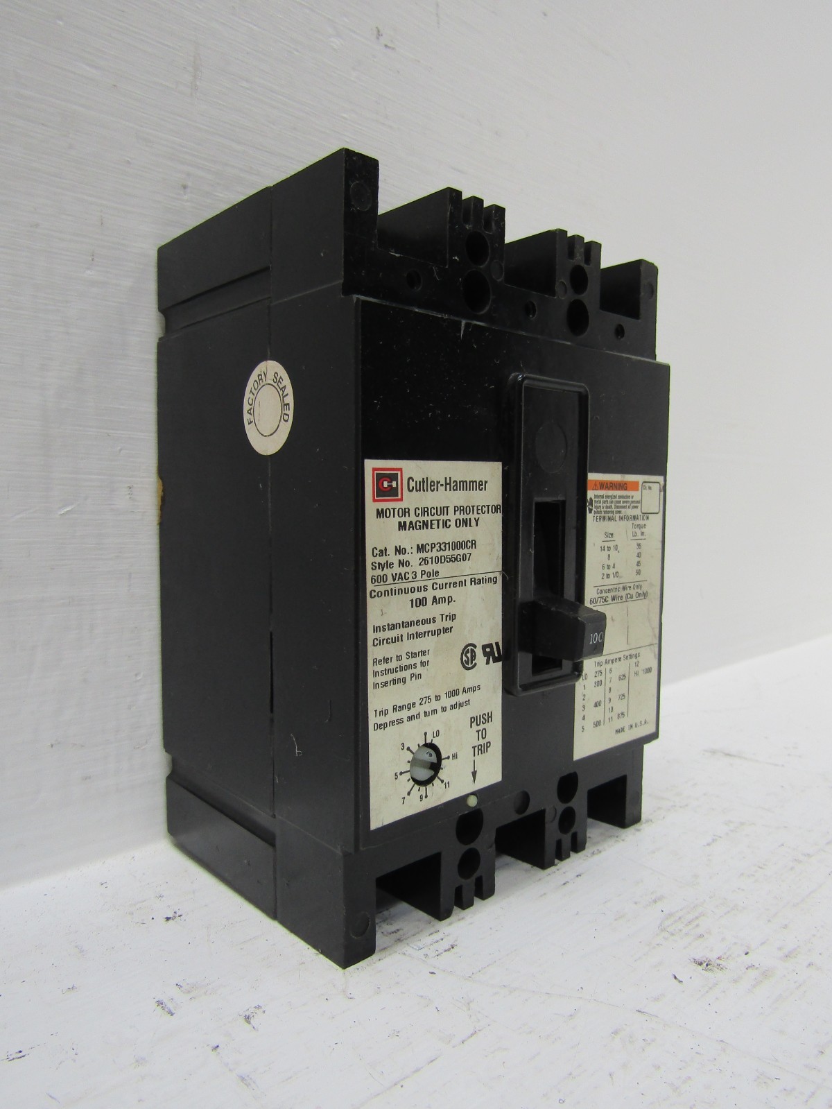 Cutler Hammer MCP331000CR 100 Amp 600V 3-Pole Circuit Breaker 100A 3P