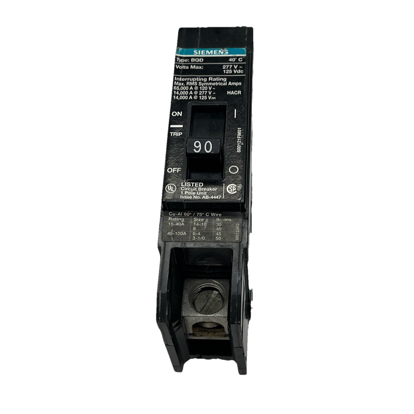 BQD190 – Siemens Bolt-on 277V AC 125V DC 90A 1 pole circuit breaker
