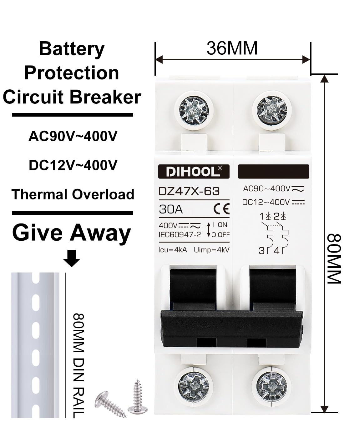 Solar Disconnect Switch, 30 Amp 2 Pole, DIN Rail Mount, Non Polarized, 12V 24V 4