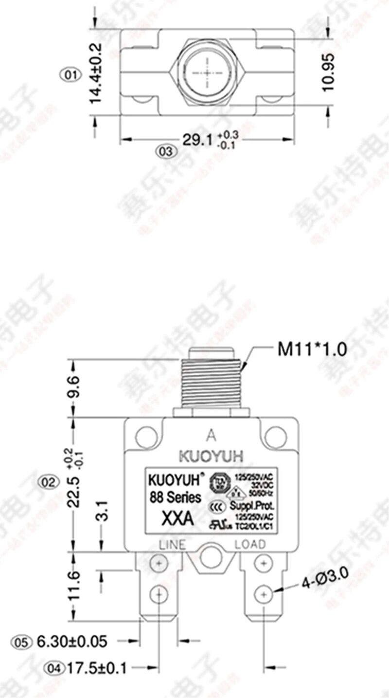 3A-25A Manual Reset Push Button Switch Thermal Circuit Breaker 125/250VAC 32VDC