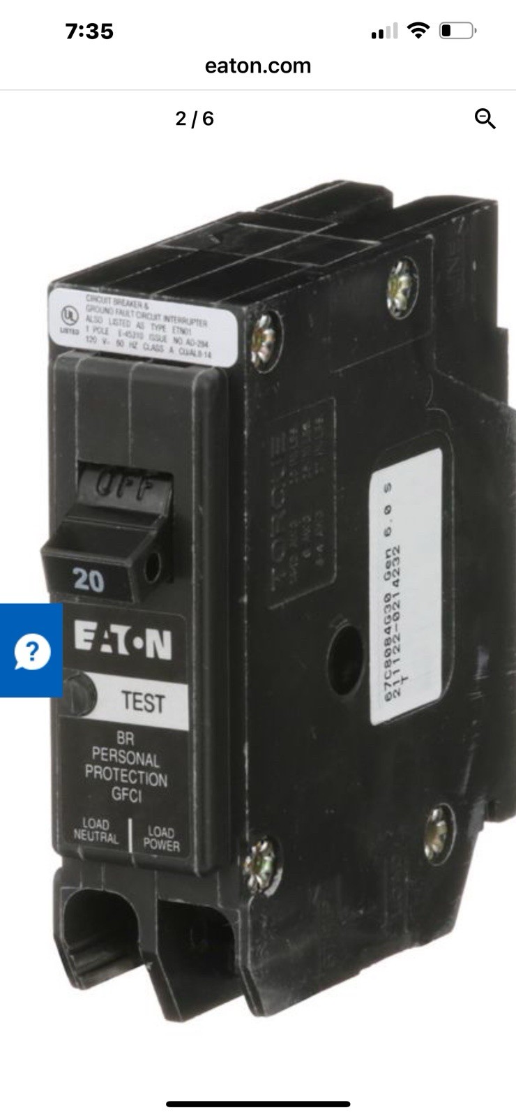 Eaton GFCI 20A Breaker 1P Ground Fault BRP120GF
