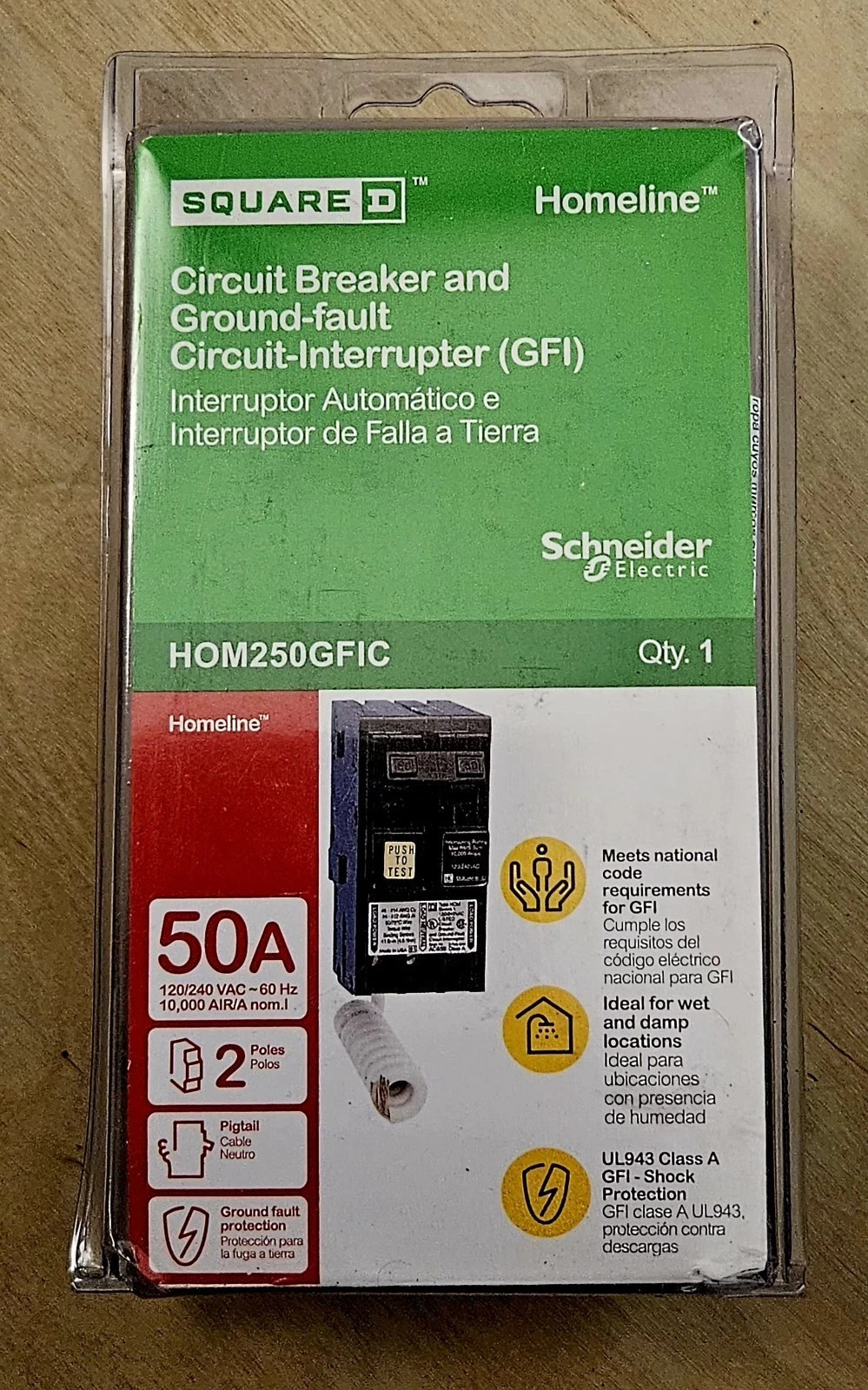 Square D Homeline 50A Two Pole Circuit Breaker & GFI HOM250GFIC – New