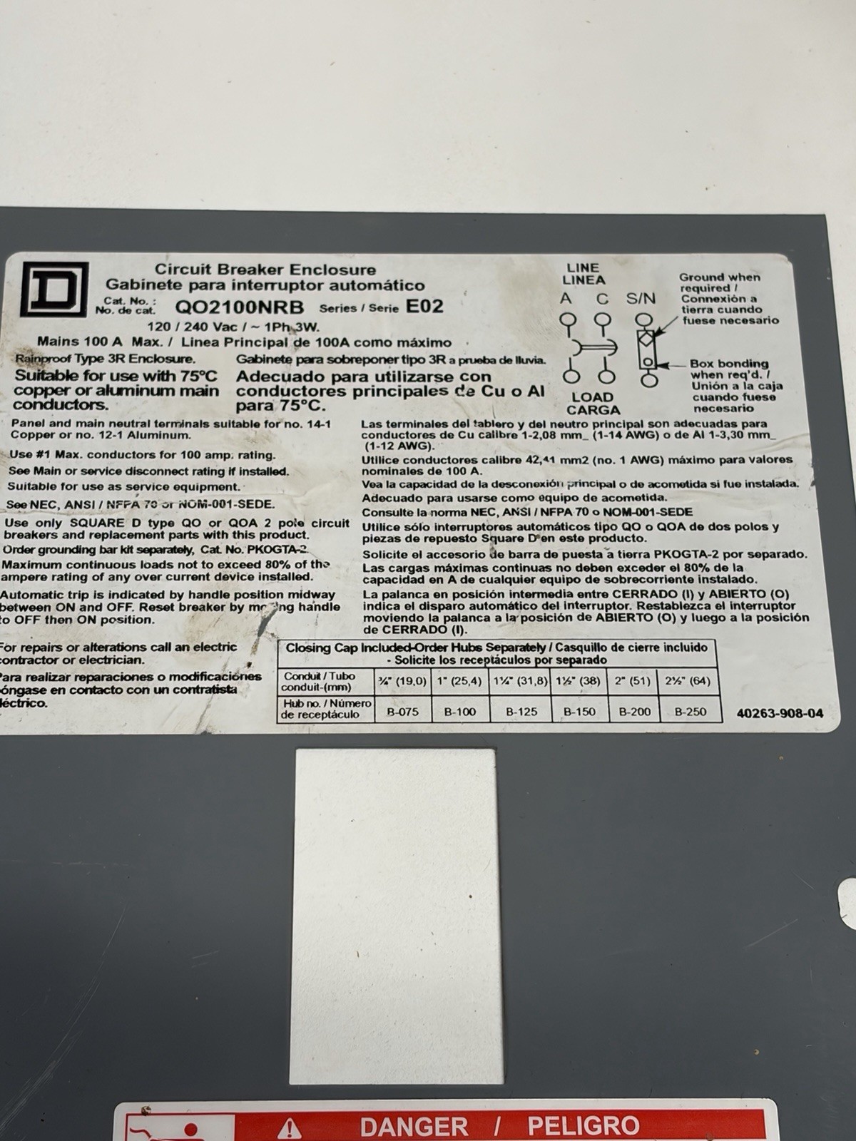 Square D QO2100NRBCP Circuit Breaker Enclosure 100A 2 Pole Main Breaker Empty