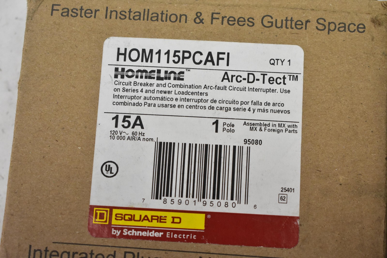 Square D HOM115PCAFI 15A 1-Pole Supplementary Protector Plug-On Neutral Black