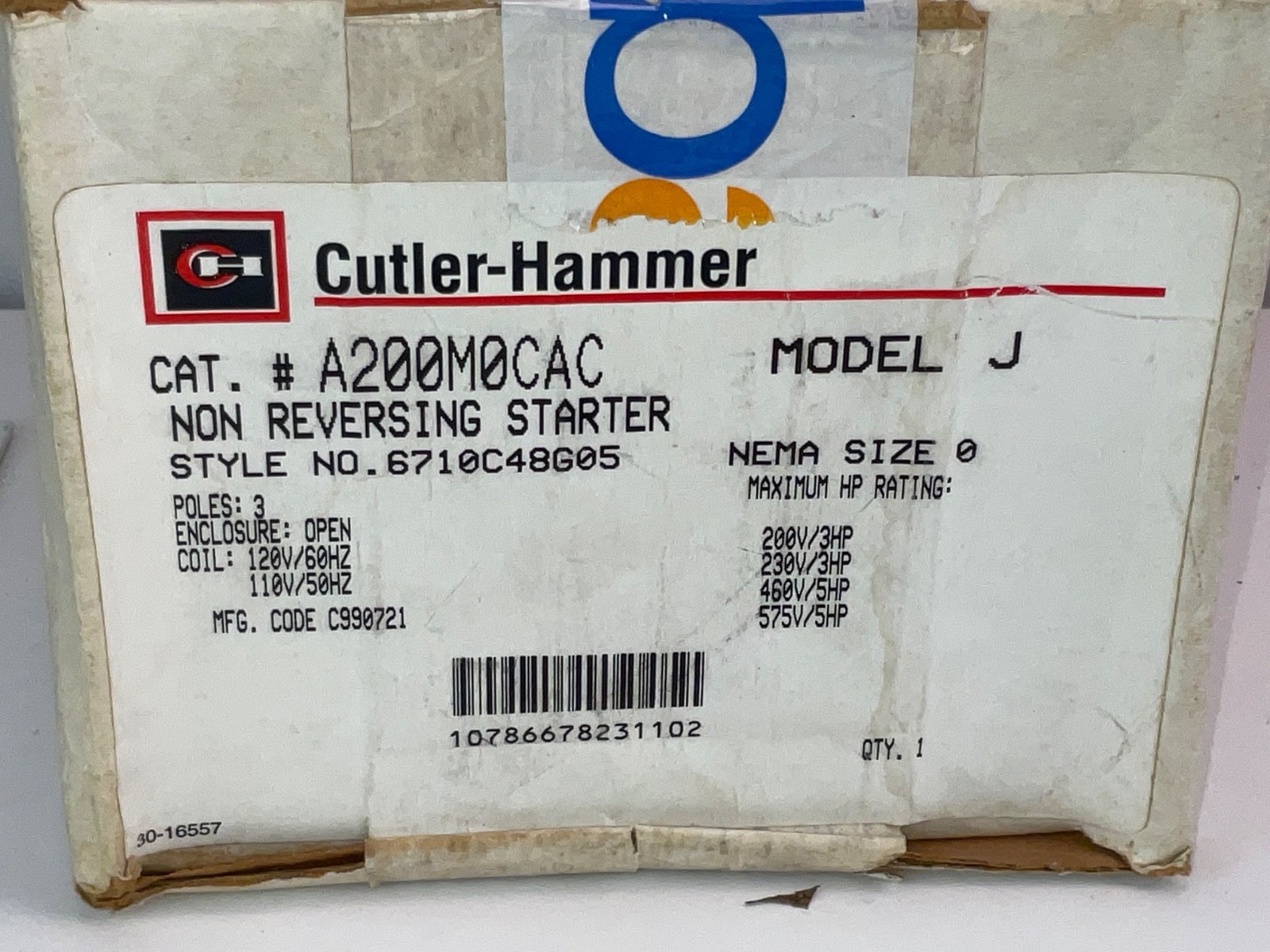 NIB – Eaton – A200M0CAC – Non-Reversing Starter For Motor Control