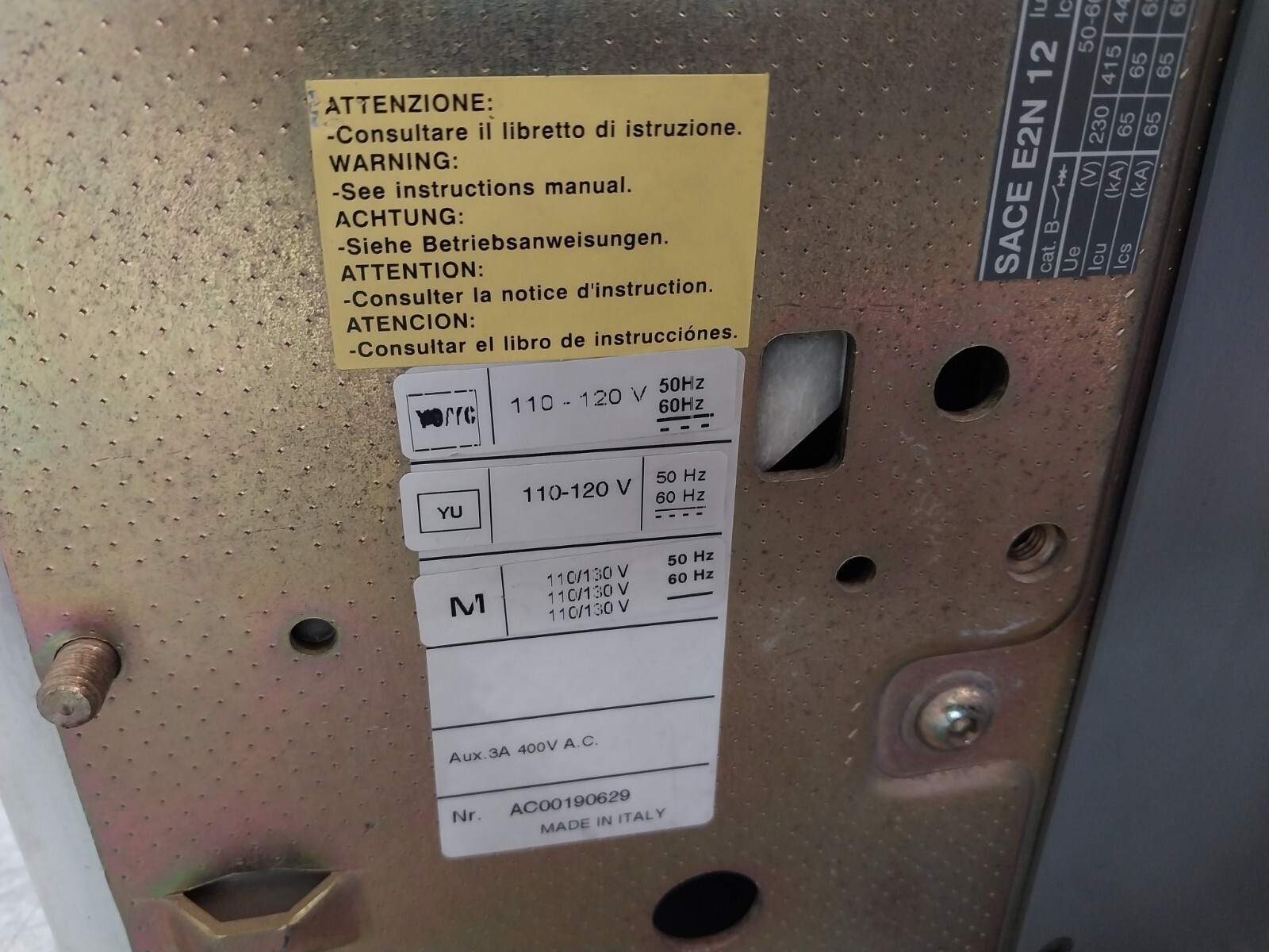 ABB SACE E2N 12 Low Voltage Air Circuit Breaker 1250A 55kA X 1s 690V