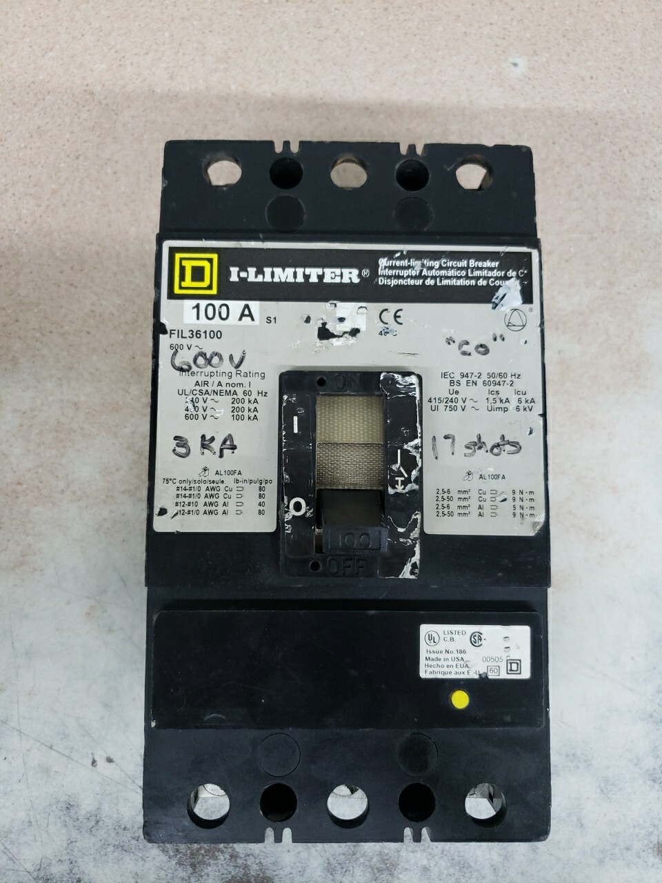Square D I-Limiter 100 Amp Circuit Breaker FIL36100 Damaged Label Chipped