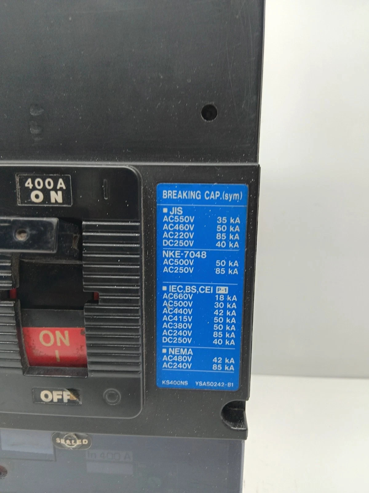 TERASAKI XS400NS TEMBREAK 3 POLE 400 AMPS CIRCUIT BREAKER AC600V DC250V