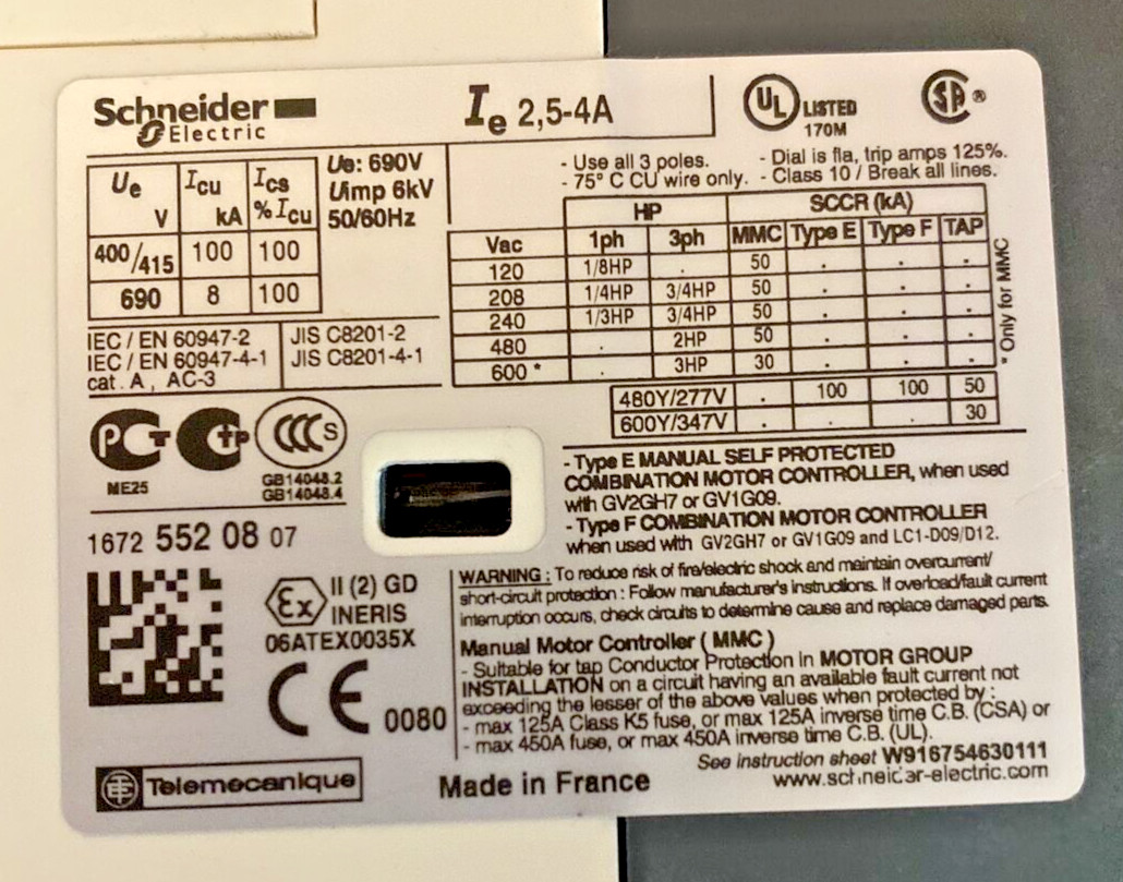 Schneider GV2P08 Motor Circuit Breaker 2.5-4 A