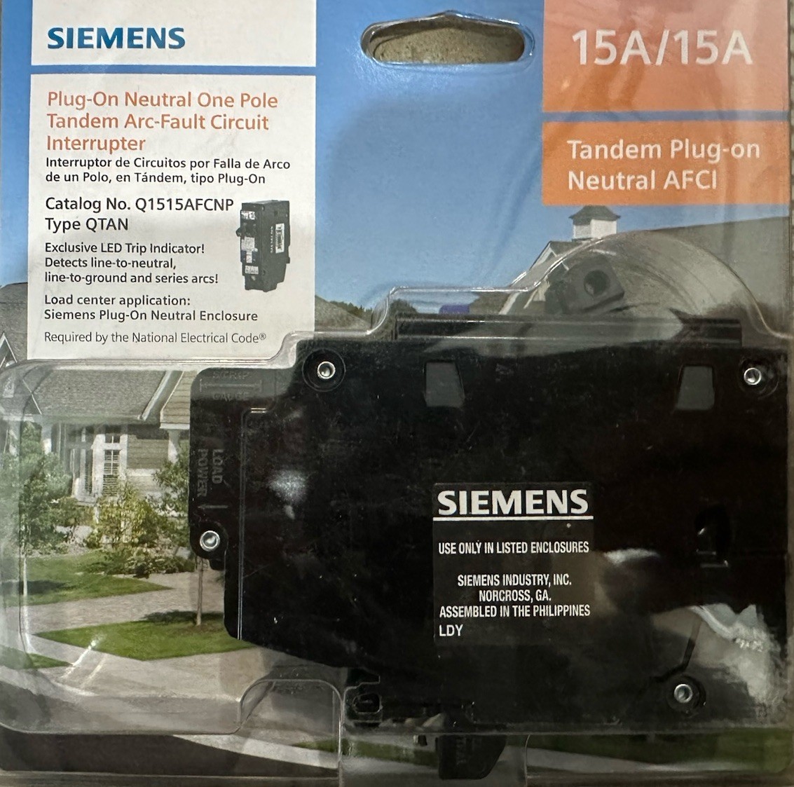 SIEMENS 15amp/15amp 1Pole Tandem arc fault Plug-On Neutral CircuitBreaker