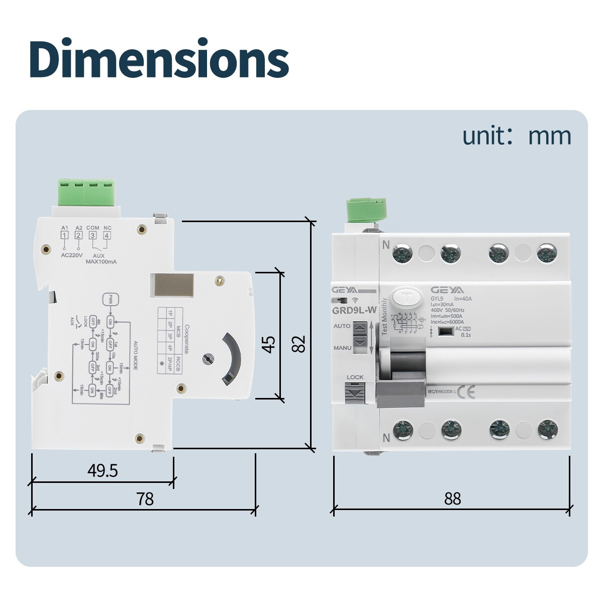 GEYA Tuya WIFI Controller Smart ELCB RCCB RCD AC Type 4P AC230V 40/63A 30/300mA