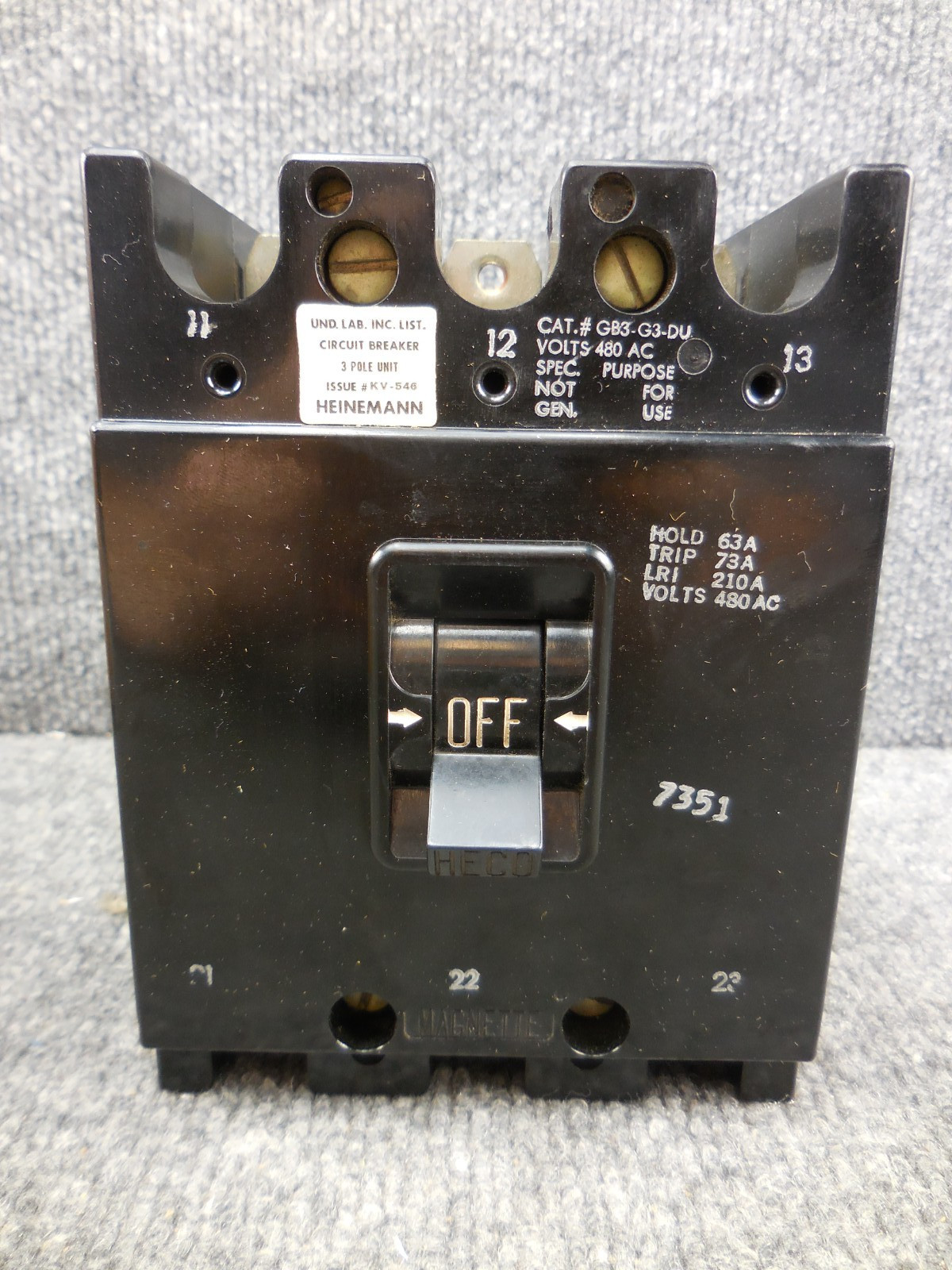 Unused Heinemann HECO GB3-G3-DU Circuit Breaker 63 amp 3 Pole HH83XA325