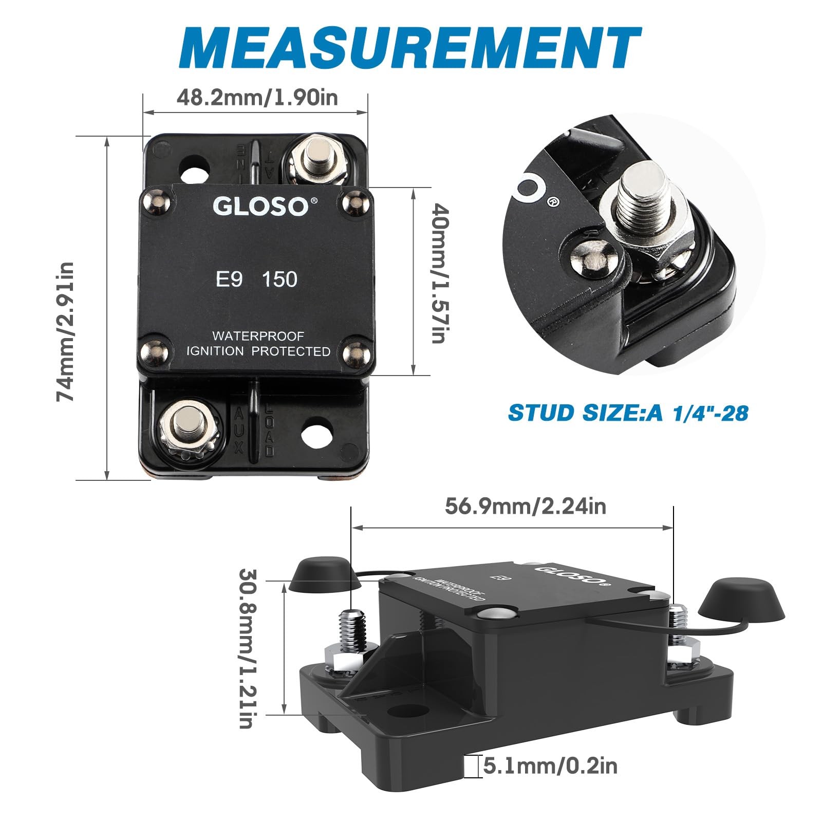 150A Auto Reset Circuit Breaker Waterproof IP67 for Marine and Automotive Use