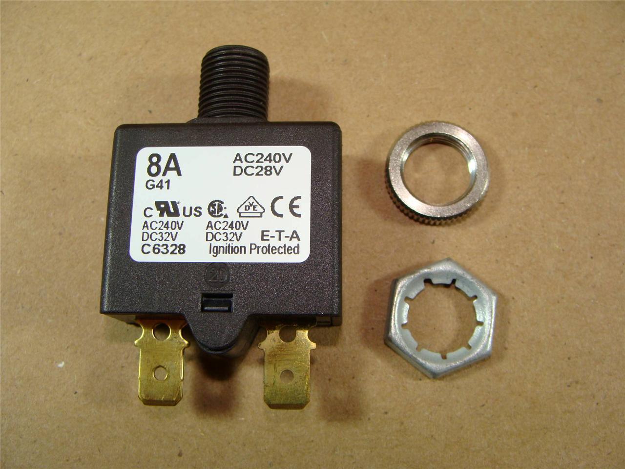 NEW ETA E-T-A 8 AMP TYPE 1658 PUSH TO RESET CIRCUIT BREAKER W/ KNURLED & PAL NUT