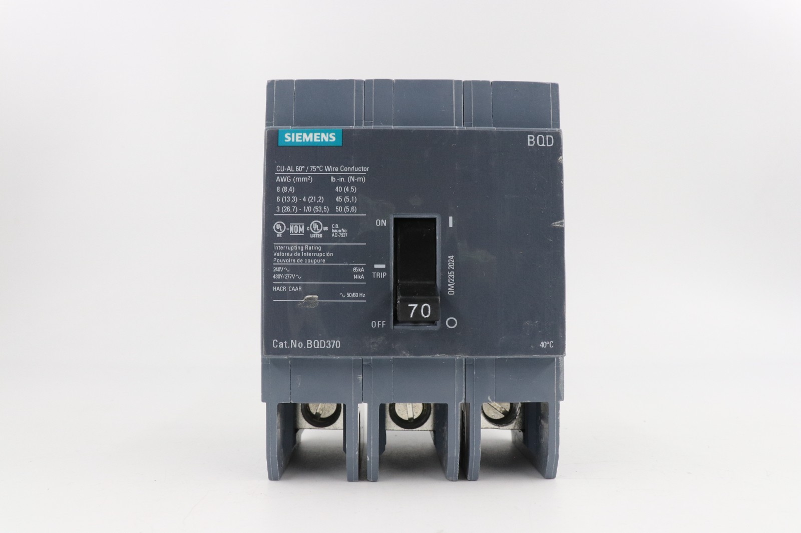 SIEMENS BQD370 70A 3-POLE CIRCUIT BREAKER, 14KA/480Y/277V, 65KA/240V