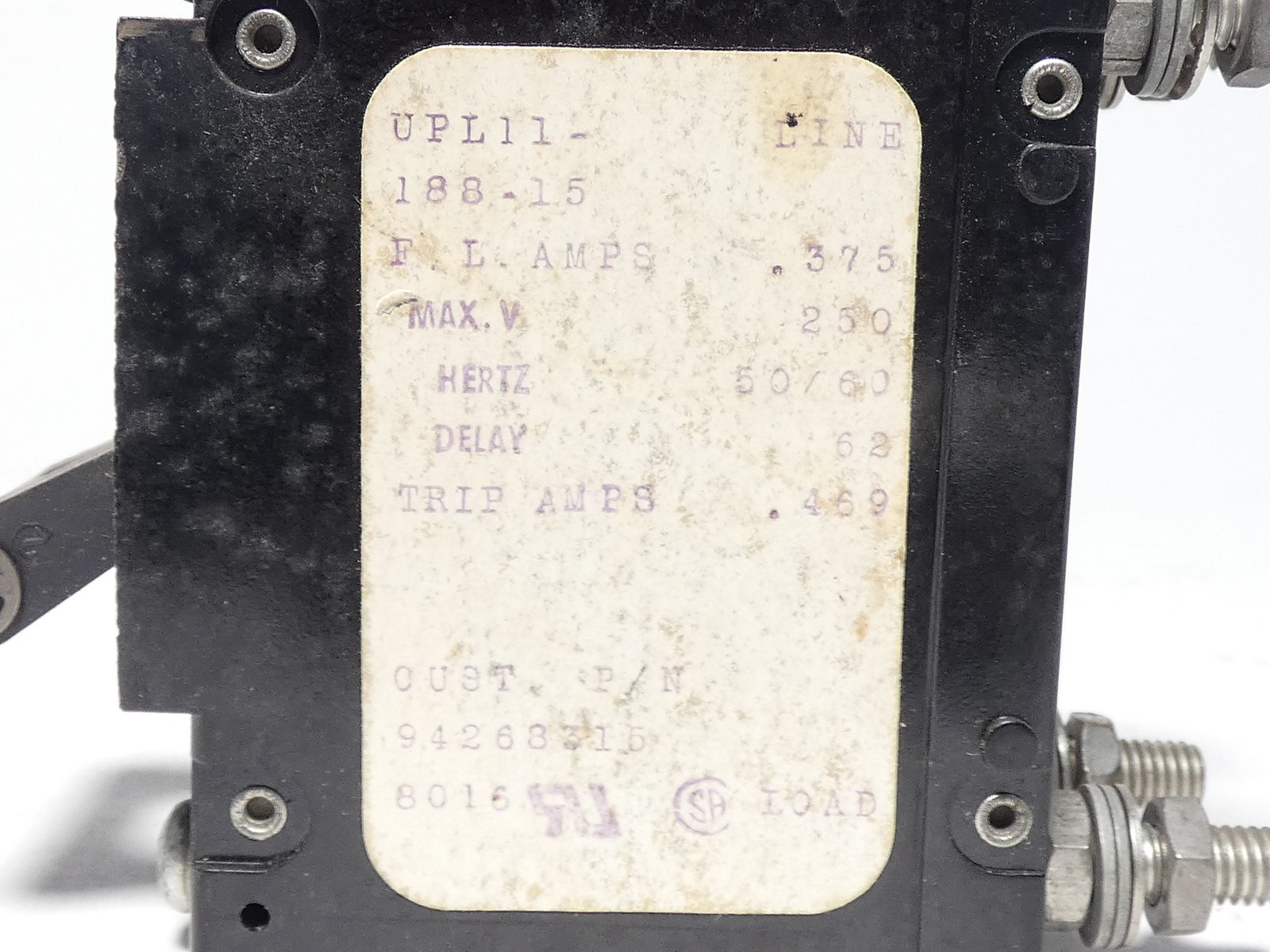 Airpax UPL11-188-15 Circuit Breaker .375A 250V 50/60Hz 2P