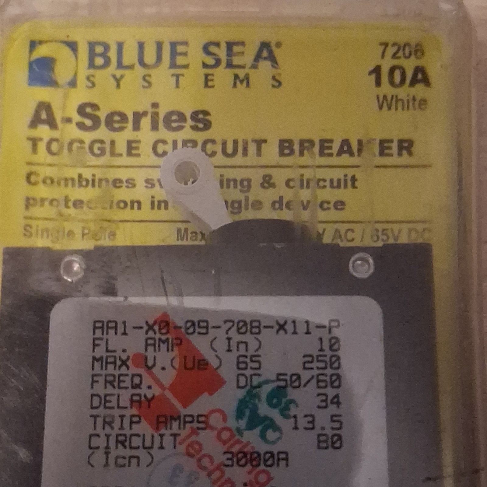 Blue Sea Systems A-Series Toggle Circuit Breaker 10A White Magnetic 250V AC/65V