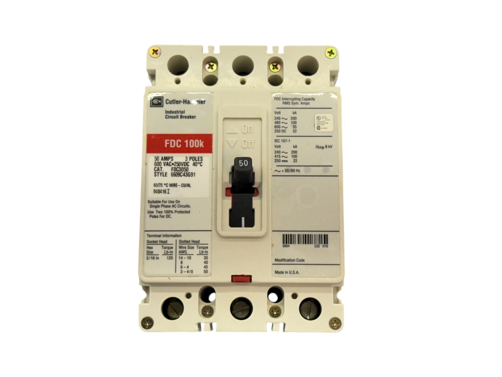 CUTLER HAMMER FDC3050 50A 3-PHASE 3-POLE 600V 100KA F-FRAME CIRCUIT BREAKER NEW