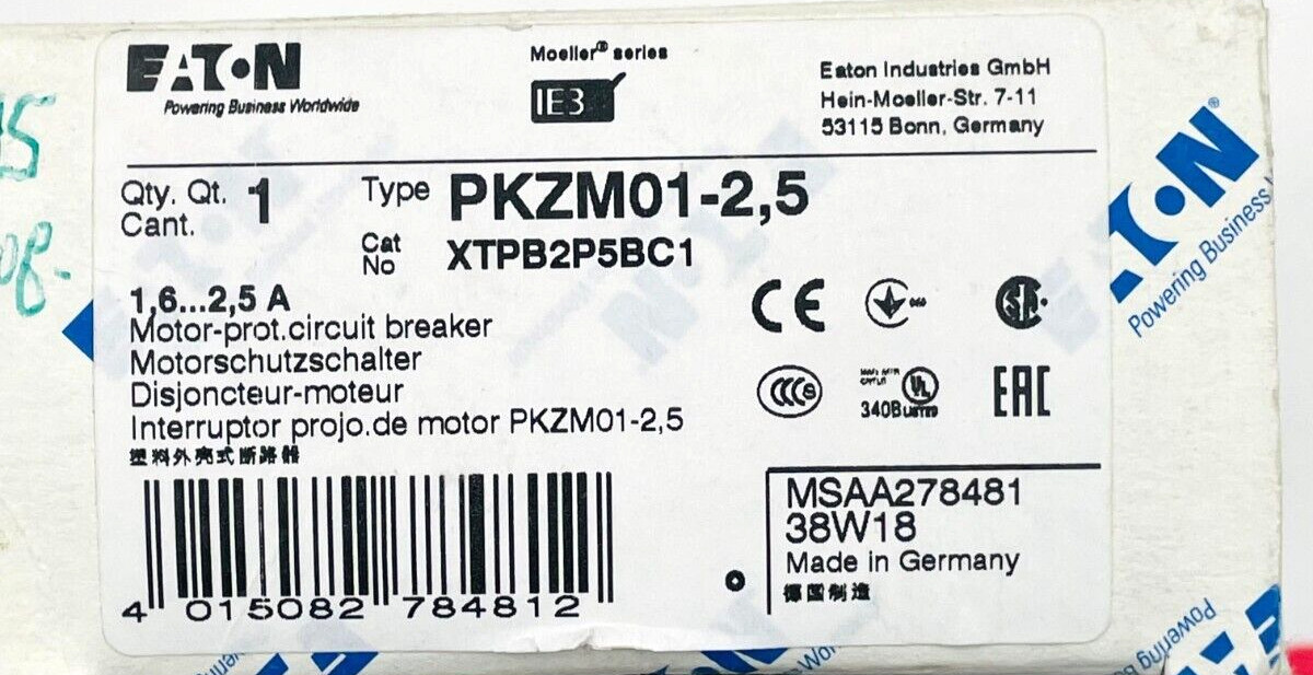 EATON PKZM01-2,5 Motor Protection Circuit Breaker XTPB2P5BC1
