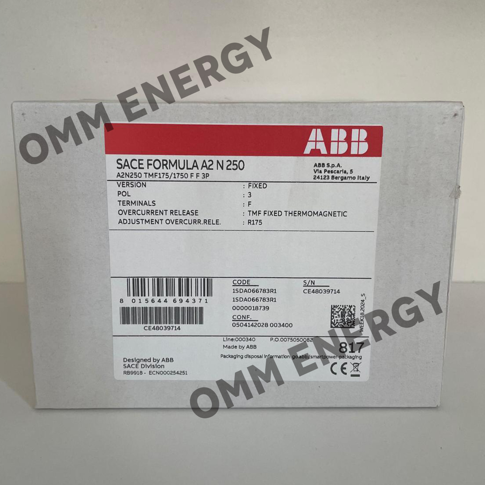 ABB 175 AMP Circuit Breaker – SACE A2N 250 TMF 175-1750 3p F F – 1SDA066783R1