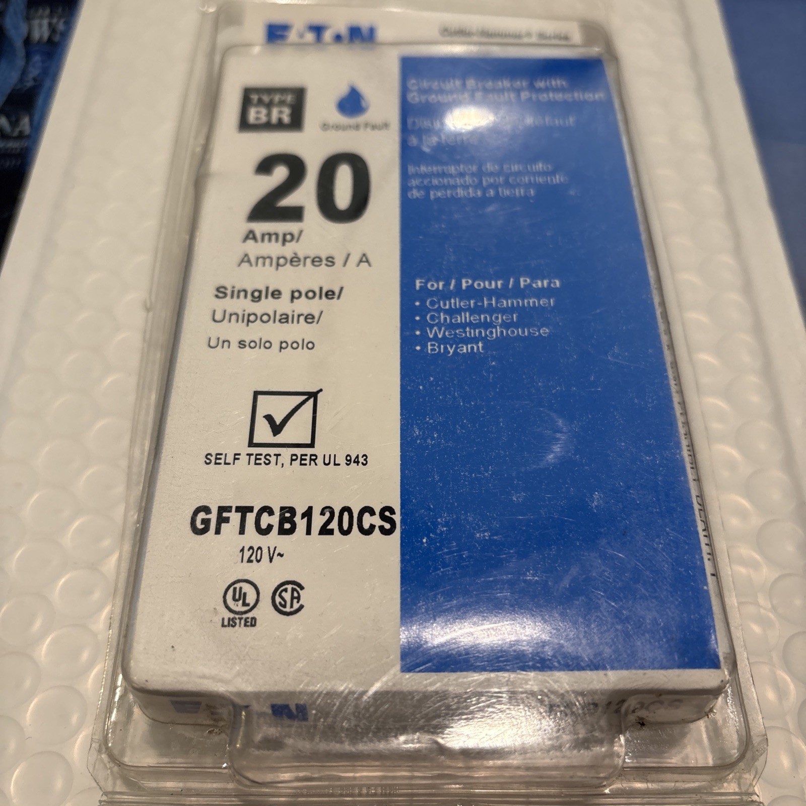 Eaton BR Type GFCI Circuit Breaker 20A 120V 1-Pole Self Test GFTCB120CS, NEW