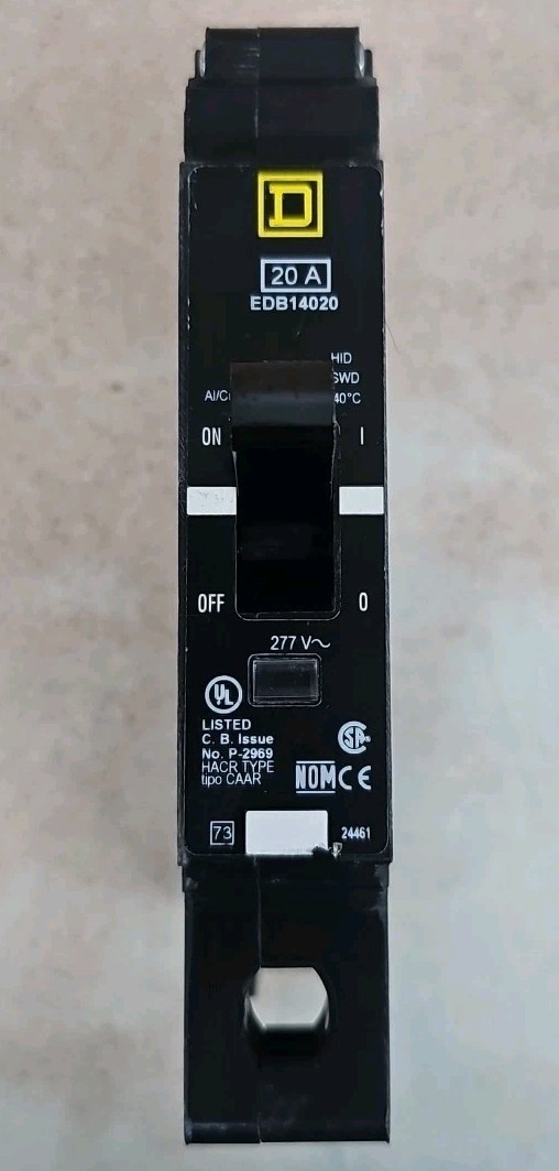 1) Square D EDB14020 1 Pole 20 Amp 277V HACR Type EDB Bolt On Circuit Breaker