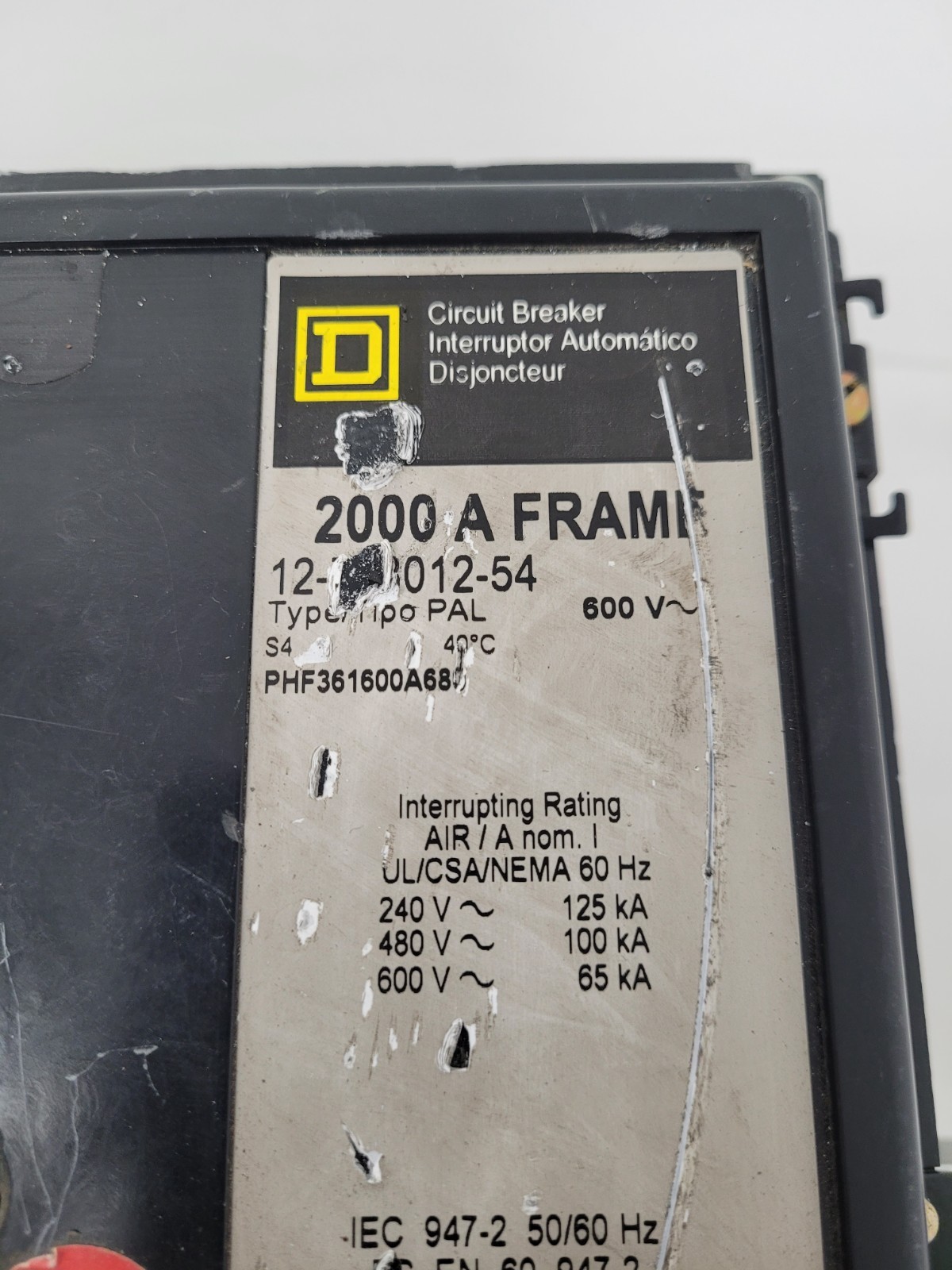 PHF361600A680 Square D 1600A 600V 2000A Frame Circuit Breaker w/ PA11286 Aux